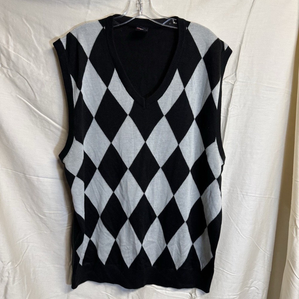 Regal Wear Mens 2XL Argyle Sweater Vest Black Gray V-Neck Knit Sleeveless Vtg